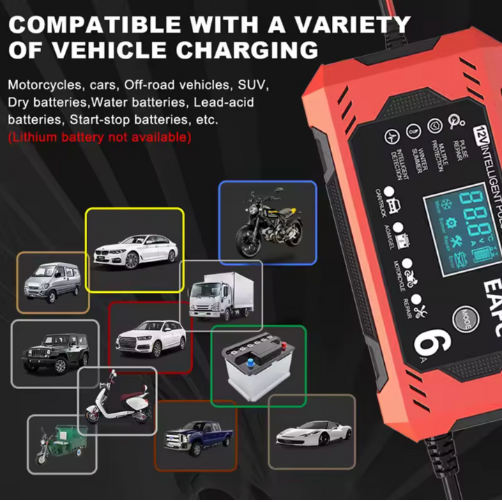 Intelligent Bilbatteriladdare 12V/24V - LCD-display & Automatisk skydd