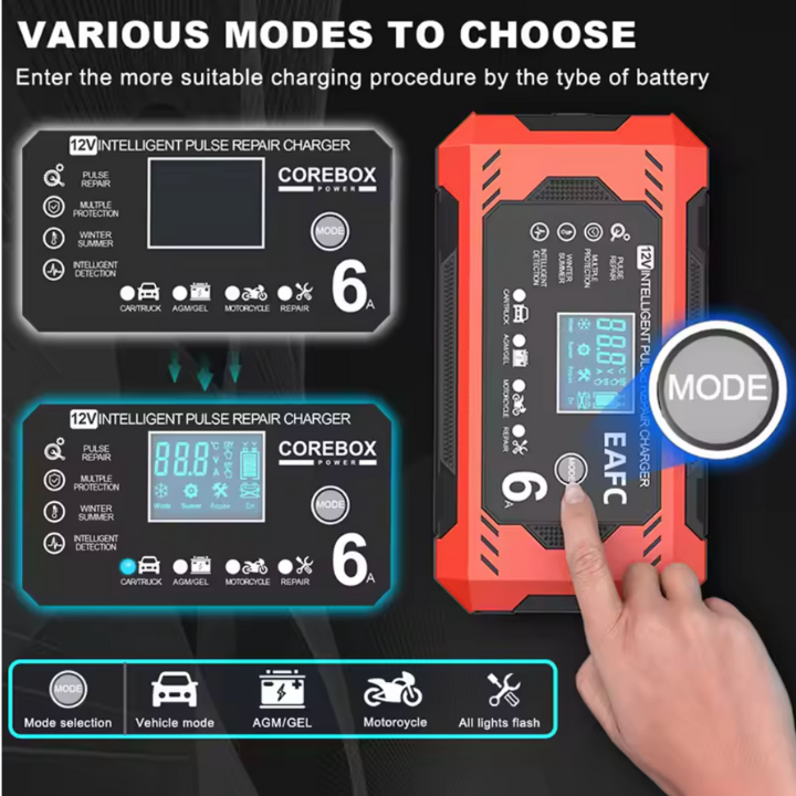 Intelligent Bilbatteriladdare 12V/24V - LCD-display & Automatisk skydd