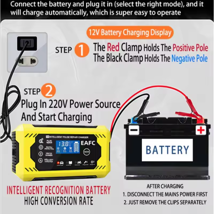 Intelligent Bilbatteriladdare 12V/24V - LCD-display & Automatisk skydd
