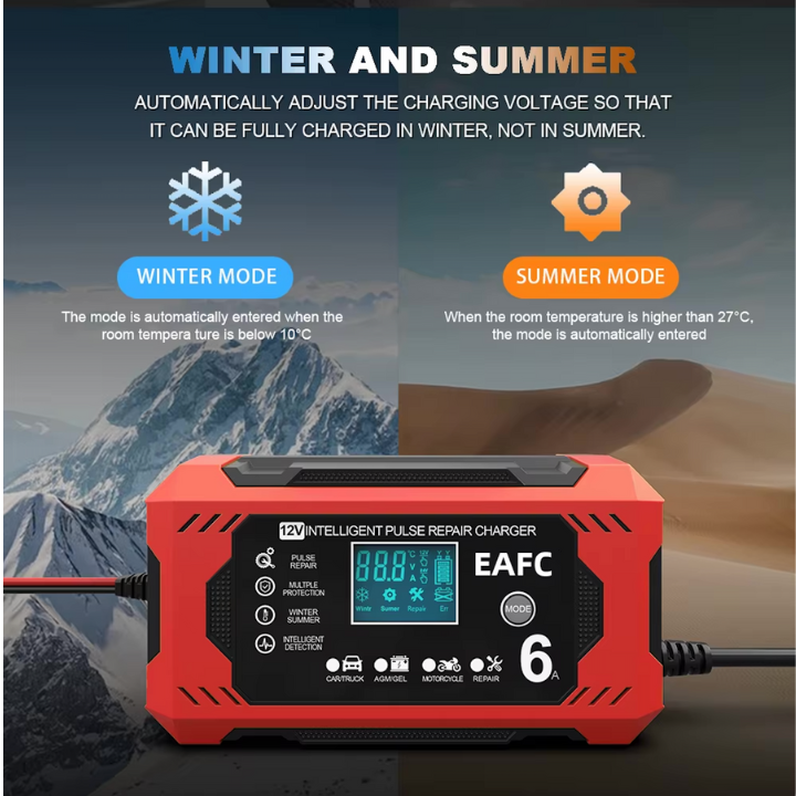 Intelligent Bilbatteriladdare 12V/24V - LCD-display & Automatisk skydd